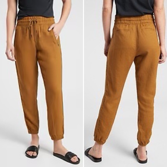 ATHLETA Cabo Linen Jogger High Rise Ankle Length Toasted Ochre Size 8 *Altered - Picture 1 of 12